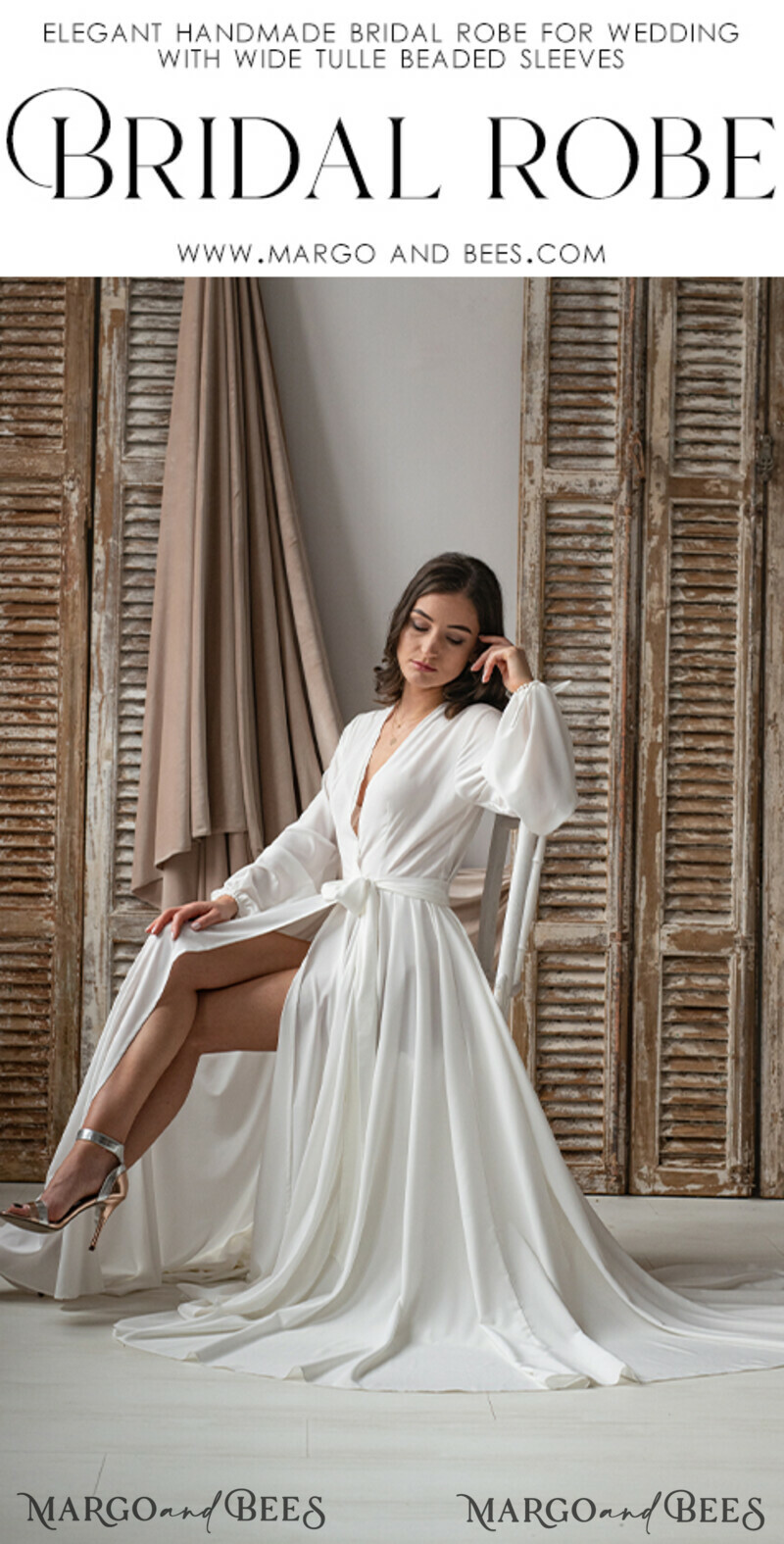 Long Bridal robe for wedding with Train, Robe wide sleeves, Silk Bride robe Long white robe silky boudoir robe Dressing gown Bridesmaid gift-11