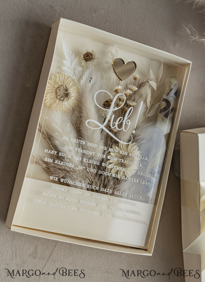  Geldgeschenk zur Hochzeit mit Strauß aus Trockenblumen personalisiert. Geschenkschachtel für Geld für das Brautpaar-12