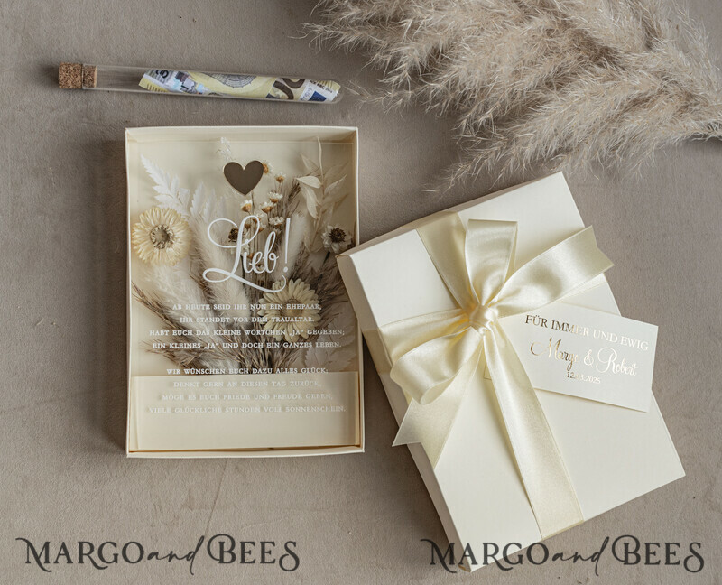  Geldgeschenk zur Hochzeit mit Strauß aus Trockenblumen personalisiert. Geschenkschachtel für Geld für das Brautpaar-15