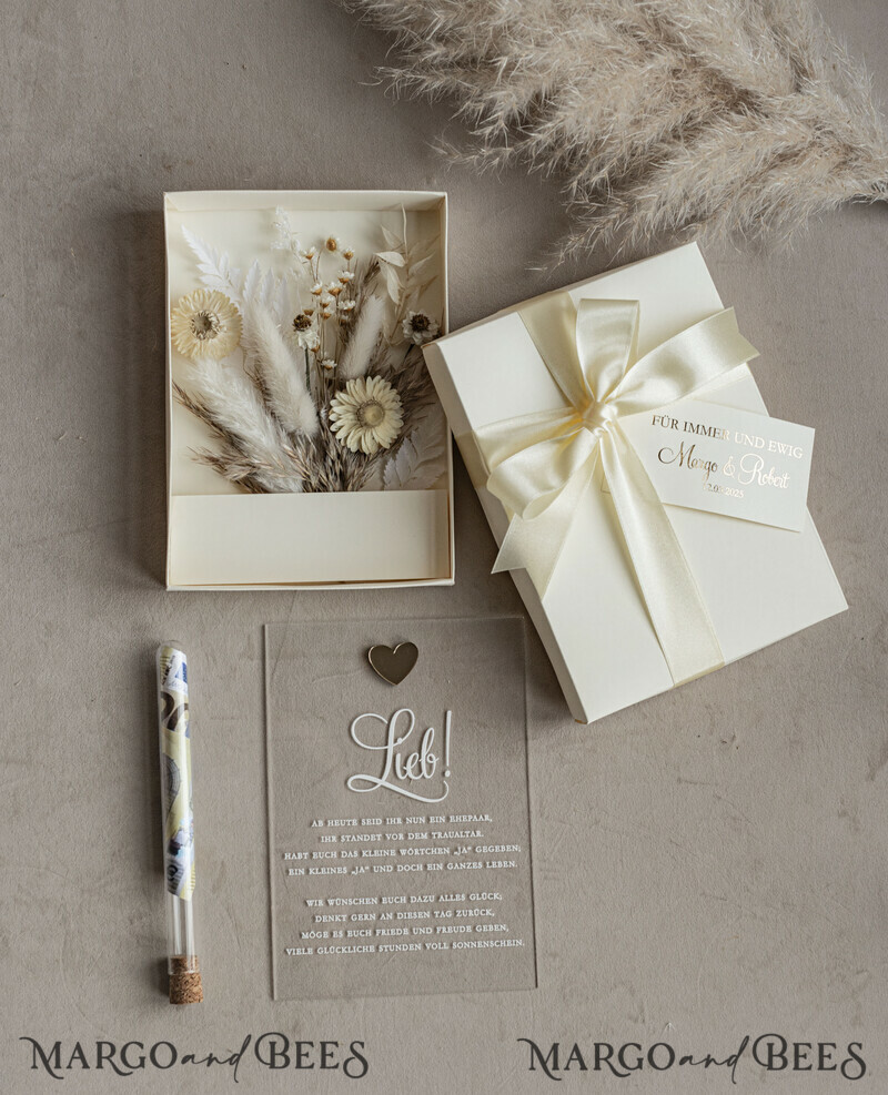  Geldgeschenk zur Hochzeit mit Strauß aus Trockenblumen personalisiert. Geschenkschachtel für Geld für das Brautpaar-19