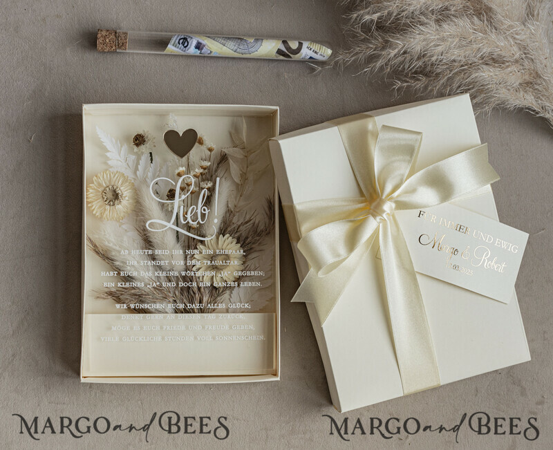  Geldgeschenk zur Hochzeit mit Strauß aus Trockenblumen personalisiert. Geschenkschachtel für Geld für das Brautpaar-3