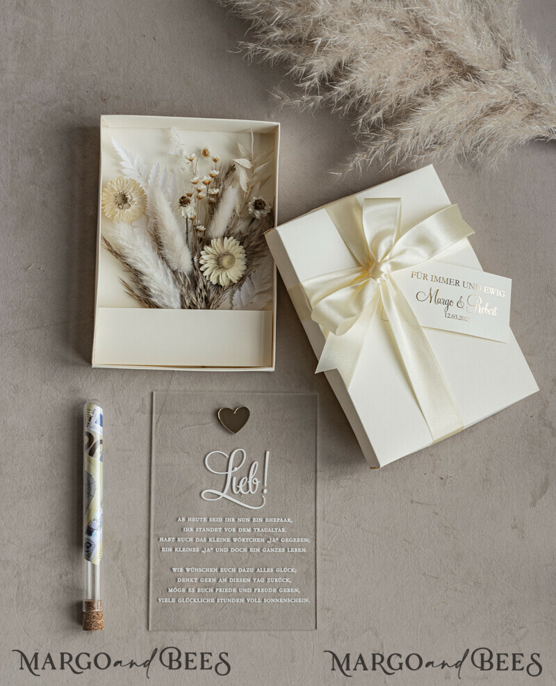  Geldgeschenk zur Hochzeit mit Strauß aus Trockenblumen personalisiert. Geschenkschachtel für Geld für das Brautpaar-20