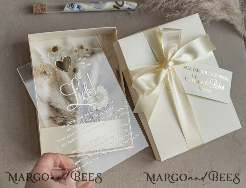  Geldgeschenk zur Hochzeit mit Strauß aus Trockenblumen personalisiert. Geschenkschachtel für Geld für das Brautpaar-6