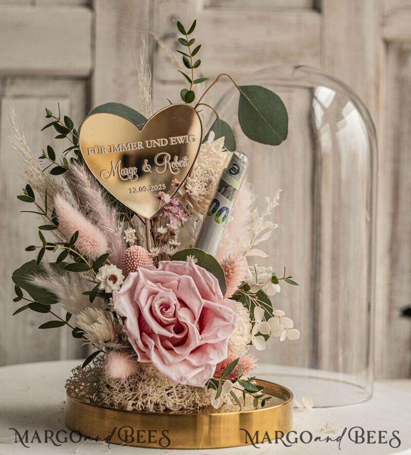 Geschenkschachtel für Geld. Geldgeschenk zur Hochzeit mit Strauß aus Trockenblumen personalisiert. Ein Geschenk für das Brautpaar als Erinnerung. Wunderschöne Blumen im Glas.-12