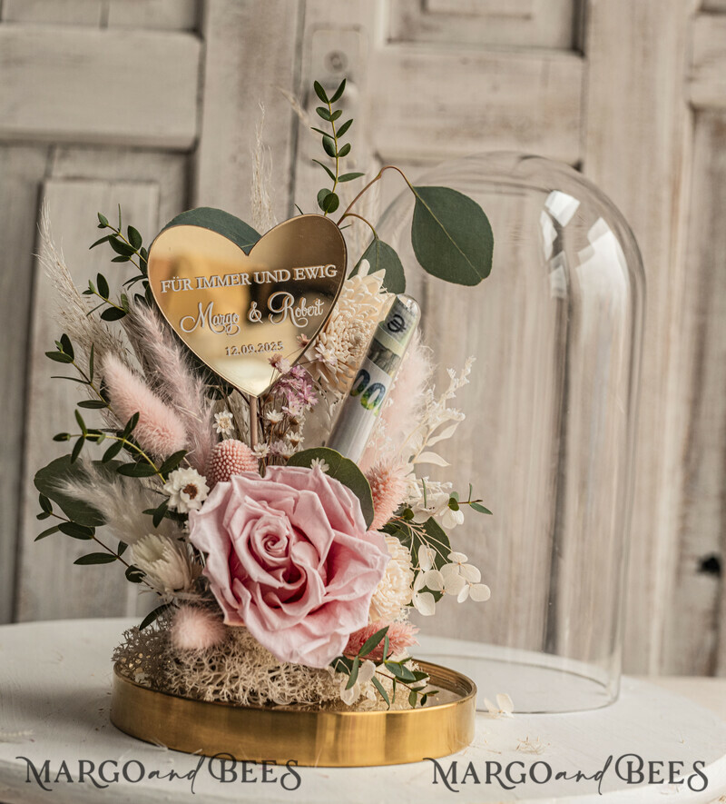 Geschenkschachtel für Geld. Geldgeschenk zur Hochzeit mit Strauß aus Trockenblumen personalisiert. Ein Geschenk für das Brautpaar als Erinnerung. Wunderschöne Blumen im Glas.-13