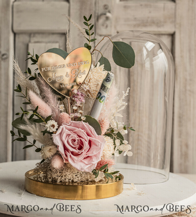 Geschenkschachtel für Geld. Geldgeschenk zur Hochzeit mit Strauß aus Trockenblumen personalisiert. Ein Geschenk für das Brautpaar als Erinnerung. Wunderschöne Blumen im Glas.-14
