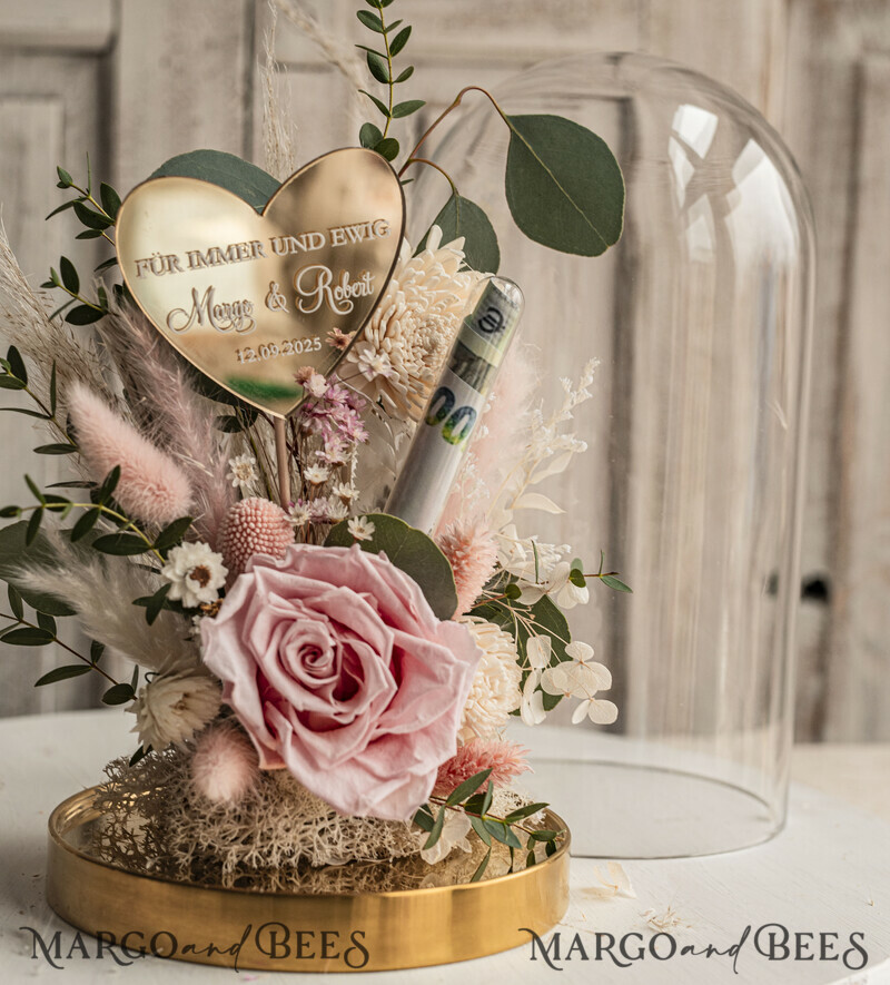 Geschenkschachtel für Geld. Geldgeschenk zur Hochzeit mit Strauß aus Trockenblumen personalisiert. Ein Geschenk für das Brautpaar als Erinnerung. Wunderschöne Blumen im Glas.-15