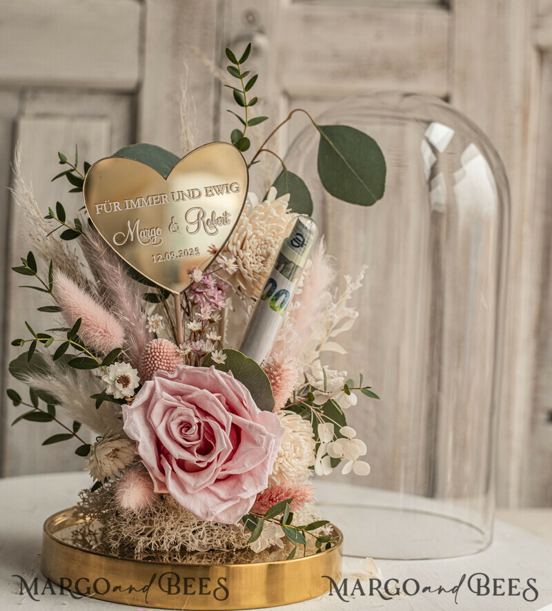 Geschenkschachtel für Geld. Geldgeschenk zur Hochzeit mit Strauß aus Trockenblumen personalisiert. Ein Geschenk für das Brautpaar als Erinnerung. Wunderschöne Blumen im Glas.-16