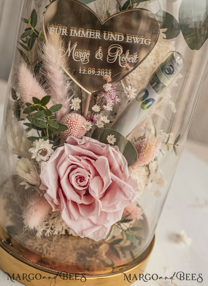 Geschenkschachtel für Geld. Geldgeschenk zur Hochzeit mit Strauß aus Trockenblumen personalisiert. Ein Geschenk für das Brautpaar als Erinnerung. Wunderschöne Blumen im Glas.-2