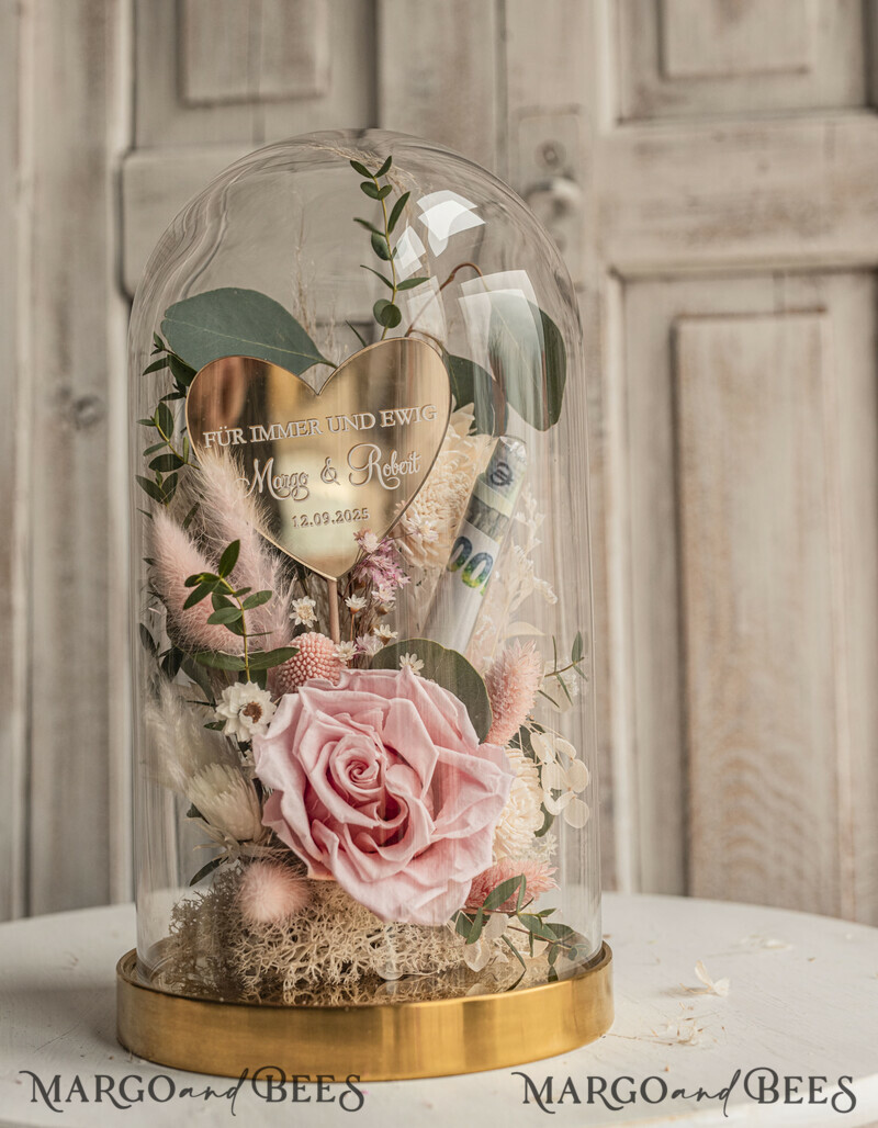 Geschenkschachtel für Geld. Geldgeschenk zur Hochzeit mit Strauß aus Trockenblumen personalisiert. Ein Geschenk für das Brautpaar als Erinnerung. Wunderschöne Blumen im Glas.-3