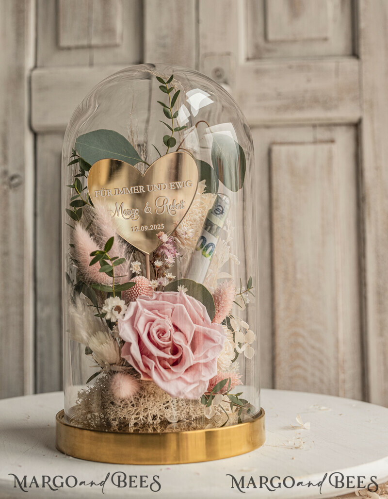Geschenkschachtel für Geld. Geldgeschenk zur Hochzeit mit Strauß aus Trockenblumen personalisiert. Ein Geschenk für das Brautpaar als Erinnerung. Wunderschöne Blumen im Glas.-4