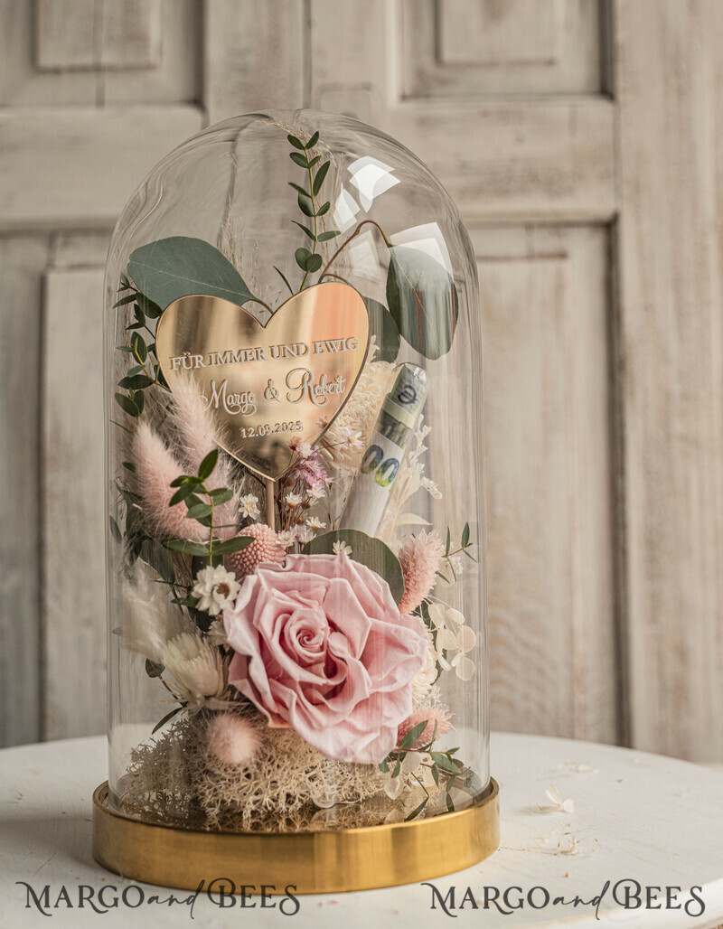 Geschenkschachtel für Geld. Geldgeschenk zur Hochzeit mit Strauß aus Trockenblumen personalisiert. Ein Geschenk für das Brautpaar als Erinnerung. Wunderschöne Blumen im Glas.-5