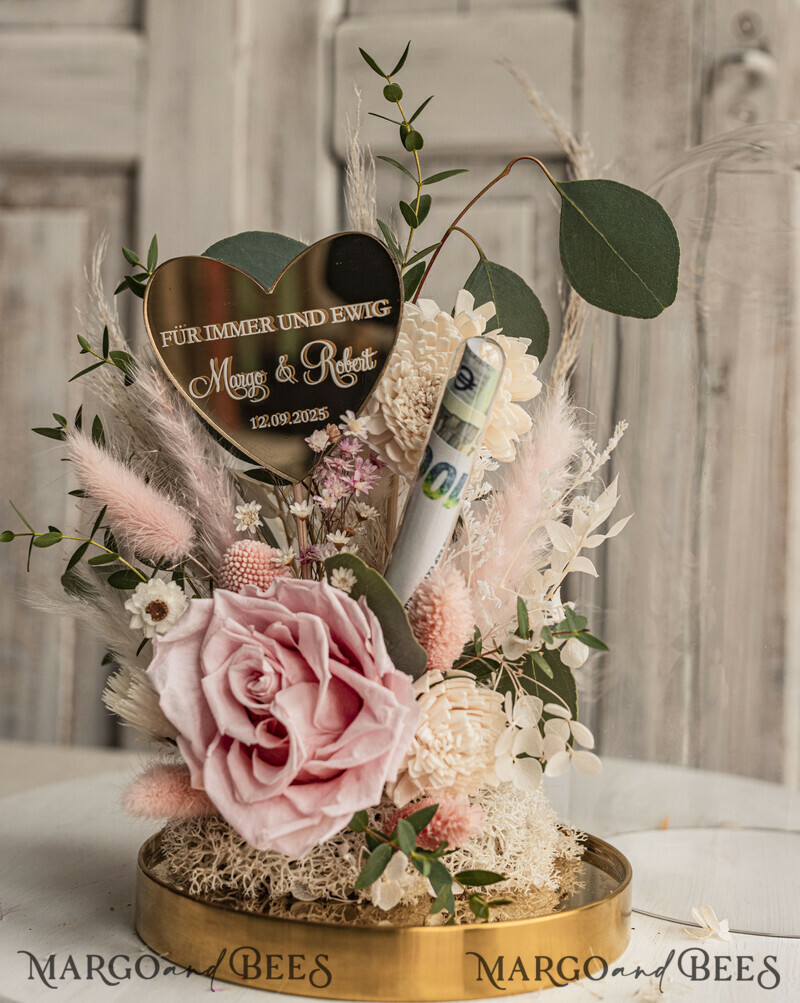 Geschenkschachtel für Geld. Geldgeschenk zur Hochzeit mit Strauß aus Trockenblumen personalisiert. Ein Geschenk für das Brautpaar als Erinnerung. Wunderschöne Blumen im Glas.-7