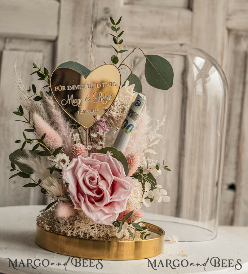 Geschenkschachtel für Geld. Geldgeschenk zur Hochzeit mit Strauß aus Trockenblumen personalisiert. Ein Geschenk für das Brautpaar als Erinnerung. Wunderschöne Blumen im Glas.-8