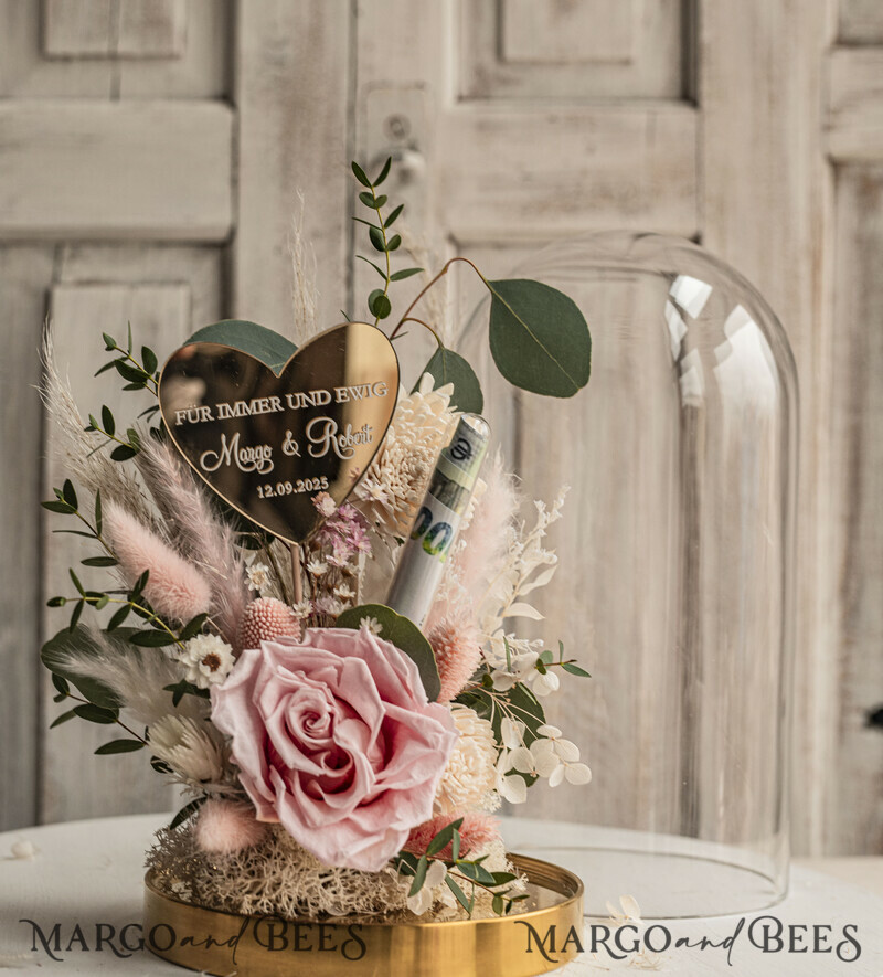 Geschenkschachtel für Geld. Geldgeschenk zur Hochzeit mit Strauß aus Trockenblumen personalisiert. Ein Geschenk für das Brautpaar als Erinnerung. Wunderschöne Blumen im Glas.-9