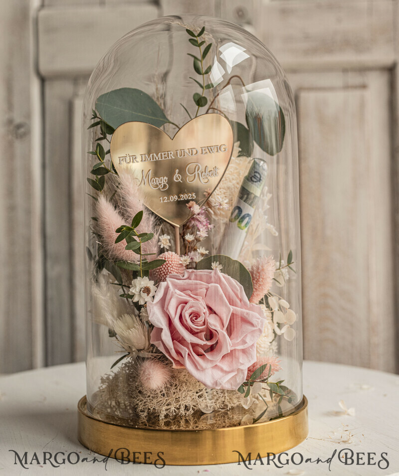 Geschenkschachtel für Geld. Geldgeschenk zur Hochzeit mit Strauß aus Trockenblumen personalisiert. Ein Geschenk für das Brautpaar als Erinnerung. Wunderschöne Blumen im Glas.-0