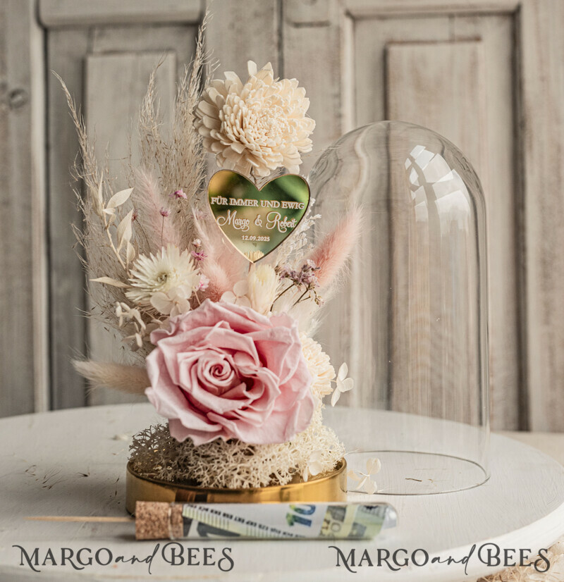  Geldgeschenk zur Hochzeit mit Strauß aus Trockenblumen personalisiert. Geschenkschachtel für Geld für das Brautpaar-12
