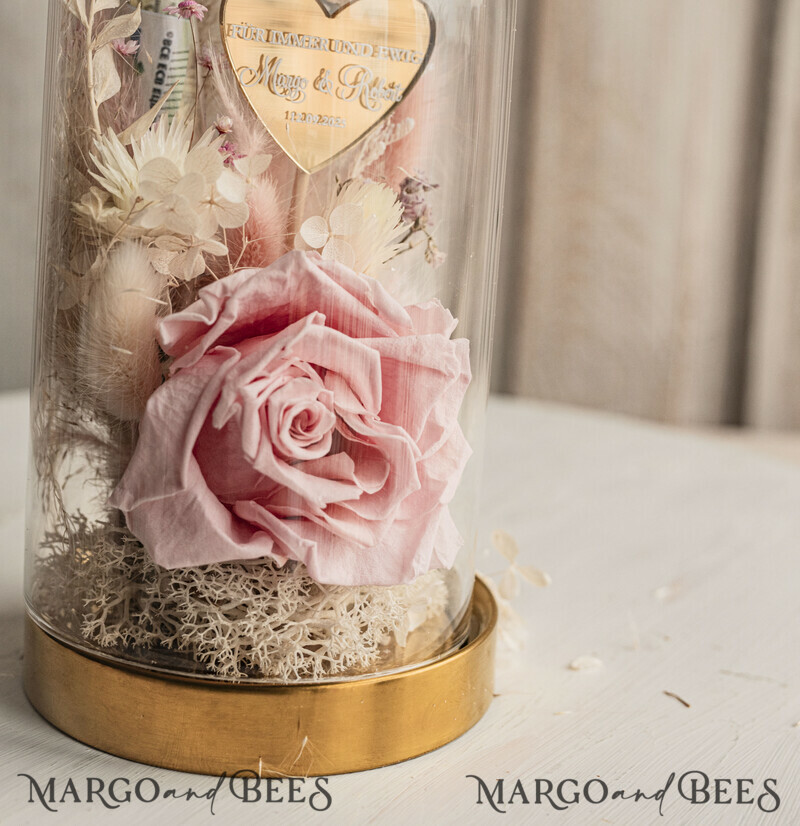  Geldgeschenk zur Hochzeit mit Strauß aus Trockenblumen personalisiert. Geschenkschachtel für Geld für das Brautpaar-2