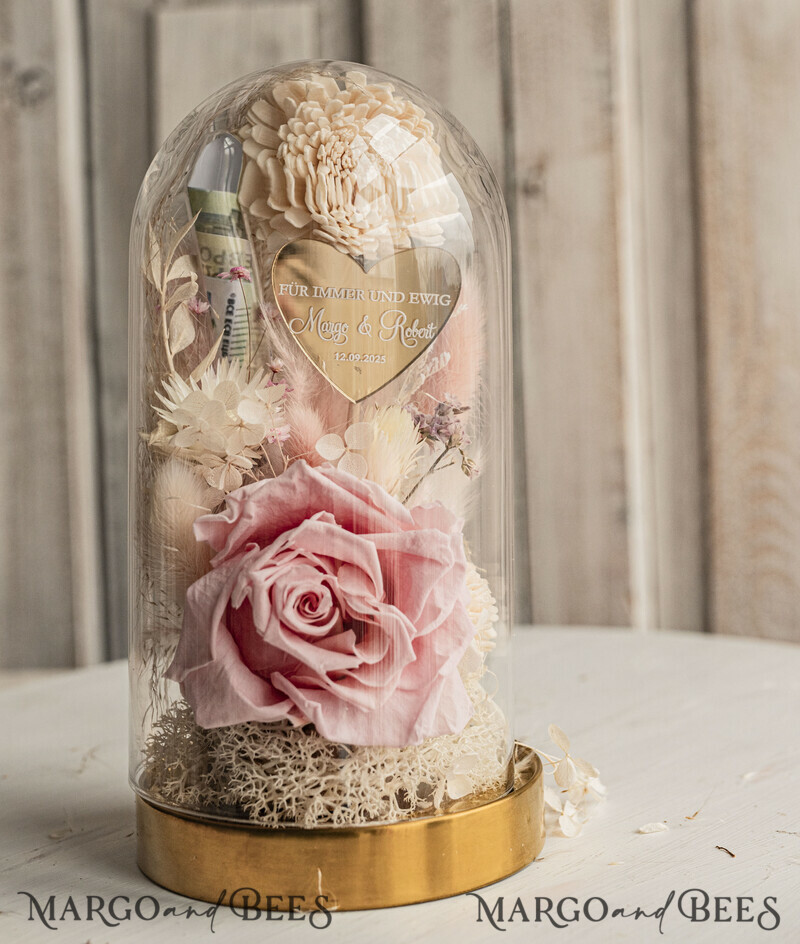  Geldgeschenk zur Hochzeit mit Strauß aus Trockenblumen personalisiert. Geschenkschachtel für Geld für das Brautpaar-5