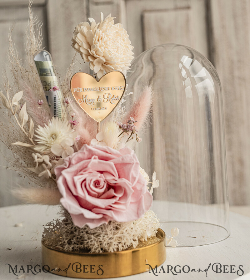  Geldgeschenk zur Hochzeit mit Strauß aus Trockenblumen personalisiert. Geschenkschachtel für Geld für das Brautpaar-7