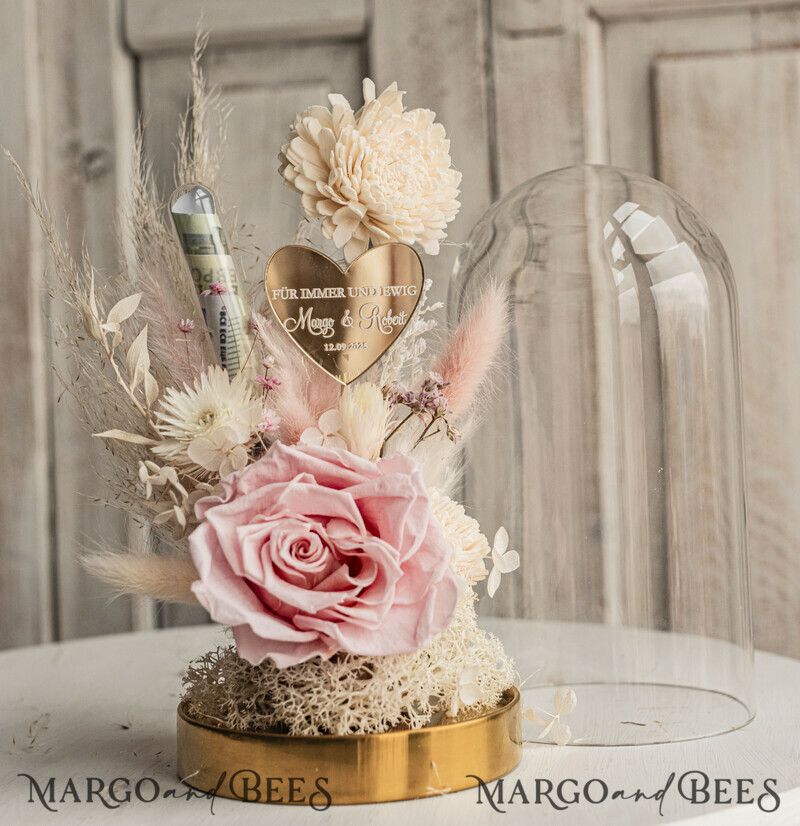  Geldgeschenk zur Hochzeit mit Strauß aus Trockenblumen personalisiert. Geschenkschachtel für Geld für das Brautpaar-9