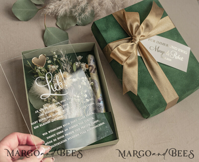 Geschenkschachtel für Geld. Ein Geschenk für das Brautpaar als Erinnerung. Wunderschöne Blumen im Glas.-8