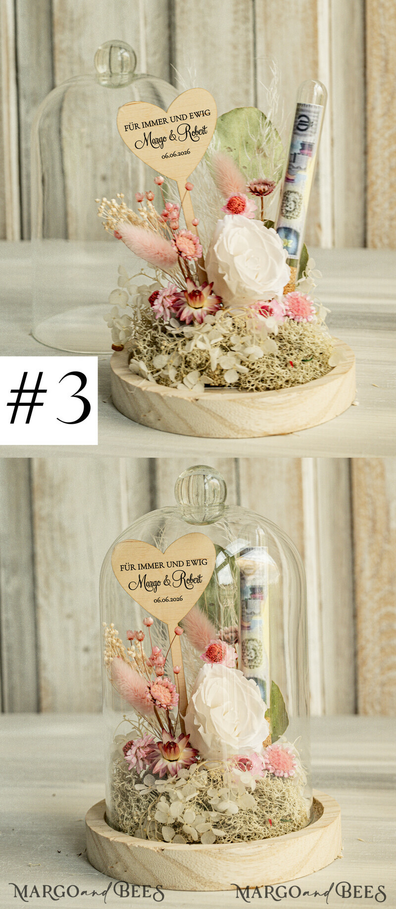 Geschenkschachtel für Geld Geldgeschenk zur Hochzeit mit Strauß aus Trockenblumen personalisiert-2