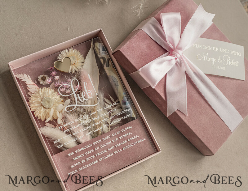 Geschenkschachtel für Geld Hochzeitsandenken mit Blumen in Glas. Personalisiertes Hochzeitsgeschenk mit einem Strauß getrockneter Blumen.-13