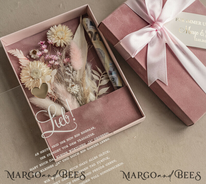 Geschenkschachtel für Geld Hochzeitsandenken mit Blumen in Glas. Personalisiertes Hochzeitsgeschenk mit einem Strauß getrockneter Blumen.-5