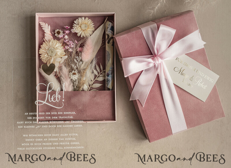 Geschenkschachtel für Geld Hochzeitsandenken mit Blumen in Glas. Personalisiertes Hochzeitsgeschenk mit einem Strauß getrockneter Blumen.-6