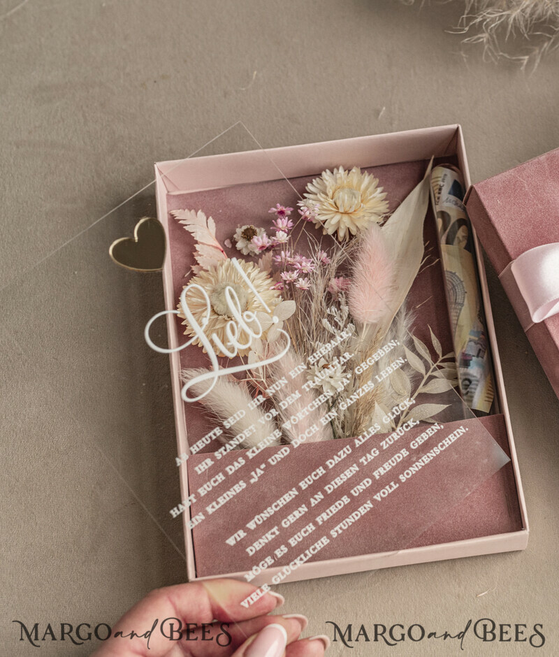 Geschenkschachtel für Geld Hochzeitsandenken mit Blumen in Glas. Personalisiertes Hochzeitsgeschenk mit einem Strauß getrockneter Blumen.-8