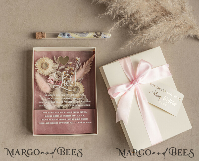 Geschenkschachtel für Geld. Geldgeschenk zur Hochzeit mit Strauß aus Trockenblumen personalisiert
-10