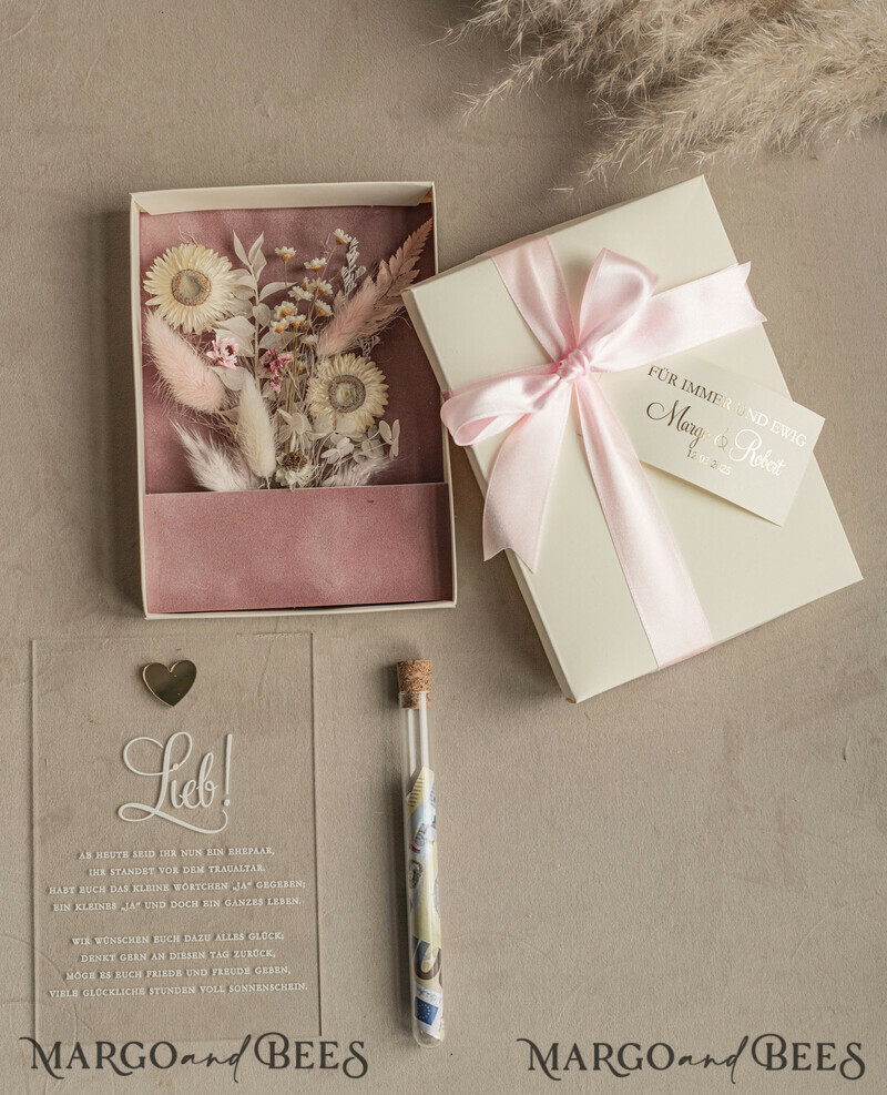 Geschenkschachtel für Geld. Geldgeschenk zur Hochzeit mit Strauß aus Trockenblumen personalisiert
-12
