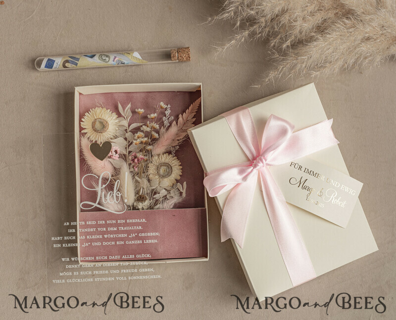 Geschenkschachtel für Geld. Geldgeschenk zur Hochzeit mit Strauß aus Trockenblumen personalisiert
-13