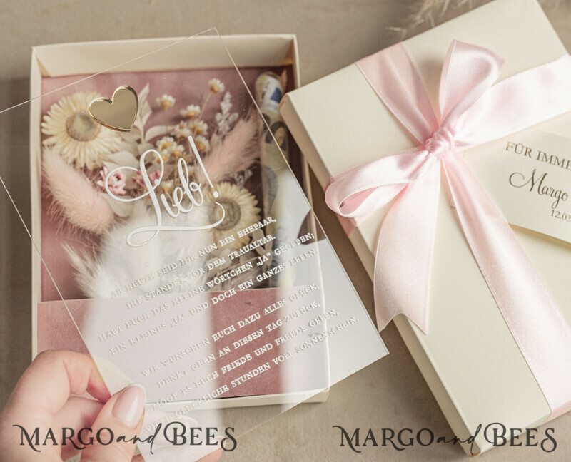 Geschenkschachtel für Geld. Geldgeschenk zur Hochzeit mit Strauß aus Trockenblumen personalisiert
-9