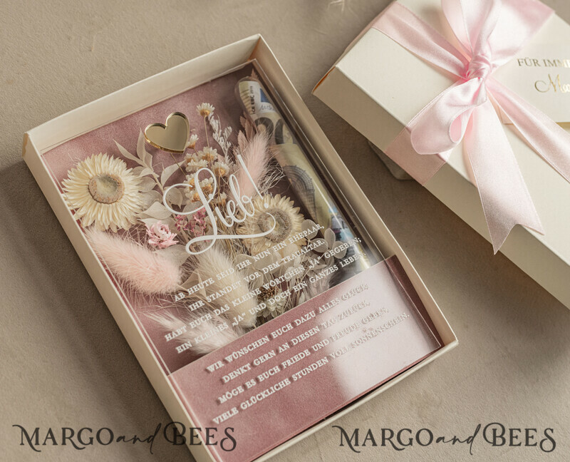 Geschenkschachtel für Geld. Geldgeschenk zur Hochzeit mit Strauß aus Trockenblumen personalisiert
-7