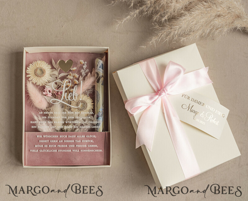 Geschenkschachtel für Geld. Geldgeschenk zur Hochzeit mit Strauß aus Trockenblumen personalisiert
-6