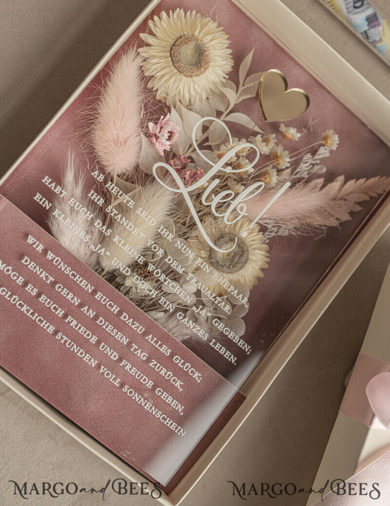 Geschenkschachtel für Geld. Geldgeschenk zur Hochzeit mit Strauß aus Trockenblumen personalisiert
-5