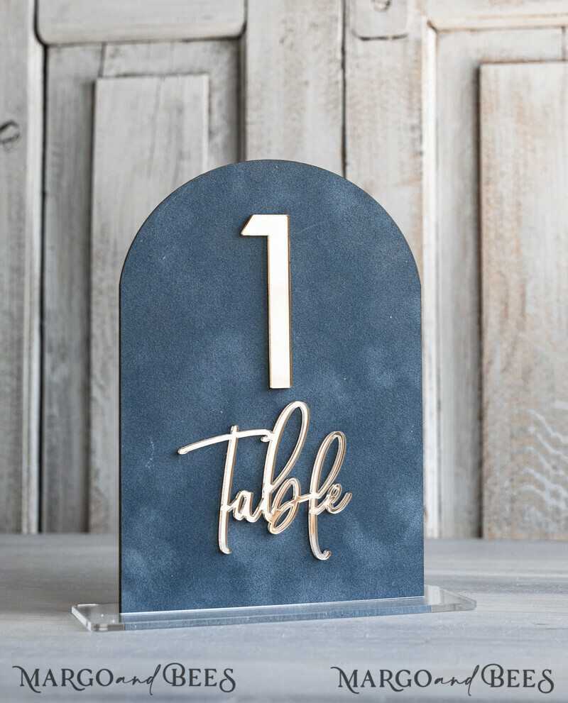 dusty Blue Wedding Table Number, Acrylic Arch Velvet Table Sign, Table Gold Plexi Glass Top Table sign, Elegant Luxury Wedding Table Decor, Boho Glam Wedding Signage Silver mirror Tables sign-0