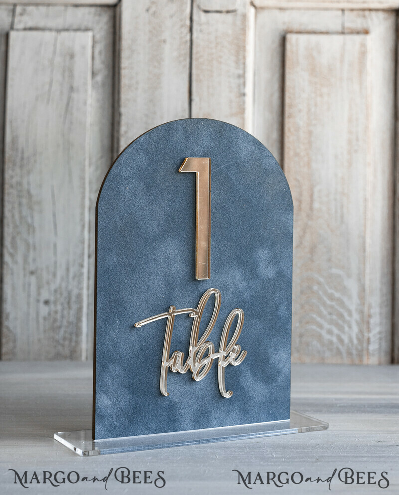 dusty Blue Wedding Table Number, Acrylic Arch Velvet Table Sign, Table Gold Plexi Glass Top Table sign, Elegant Luxury Wedding Table Decor, Boho Glam Wedding Signage Silver mirror Tables sign-1