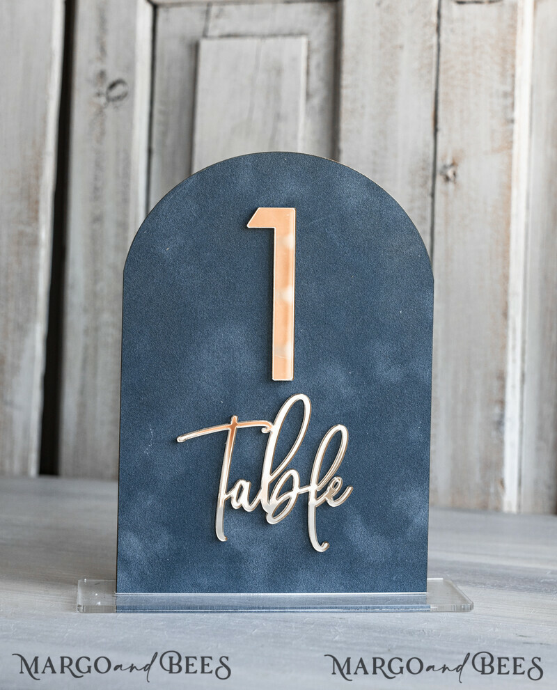 dusty Blue Wedding Table Number, Acrylic Arch Velvet Table Sign, Table Gold Plexi Glass Top Table sign, Elegant Luxury Wedding Table Decor, Boho Glam Wedding Signage Silver mirror Tables sign-2