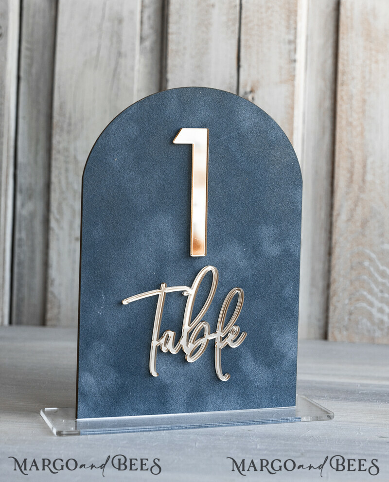 dusty Blue Wedding Table Number, Acrylic Arch Velvet Table Sign, Table Gold Plexi Glass Top Table sign, Elegant Luxury Wedding Table Decor, Boho Glam Wedding Signage Silver mirror Tables sign-3