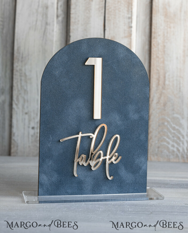 dusty Blue Wedding Table Number, Acrylic Arch Velvet Table Sign, Table Gold Plexi Glass Top Table sign, Elegant Luxury Wedding Table Decor, Boho Glam Wedding Signage Silver mirror Tables sign-4