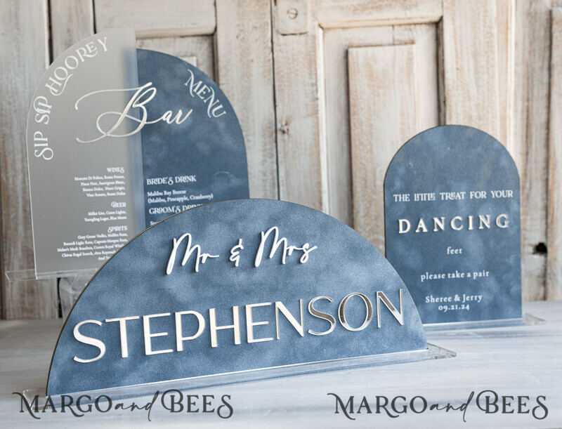 dusty Blue Wedding Top Table Signs SET, Acrylic Arch Velvet Bar Menu sign, Drink Bar menu Top Table sign, Gold Plexi Glass Top Table sign, Elegant Luxury Wedding Table Decor-6