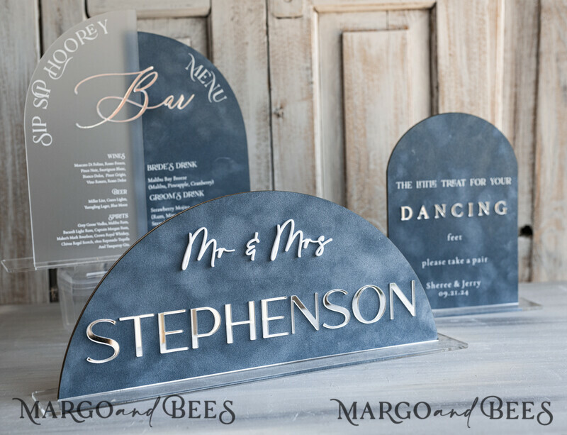 dusty Blue Wedding Top Table Signs SET, Acrylic Arch Velvet Bar Menu sign, Drink Bar menu Top Table sign, Gold Plexi Glass Top Table sign, Elegant Luxury Wedding Table Decor-0