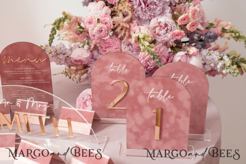 Luxury Velvet Arch Menu with stand, blush pink and Gold Mirror Wedding Table Decor-8