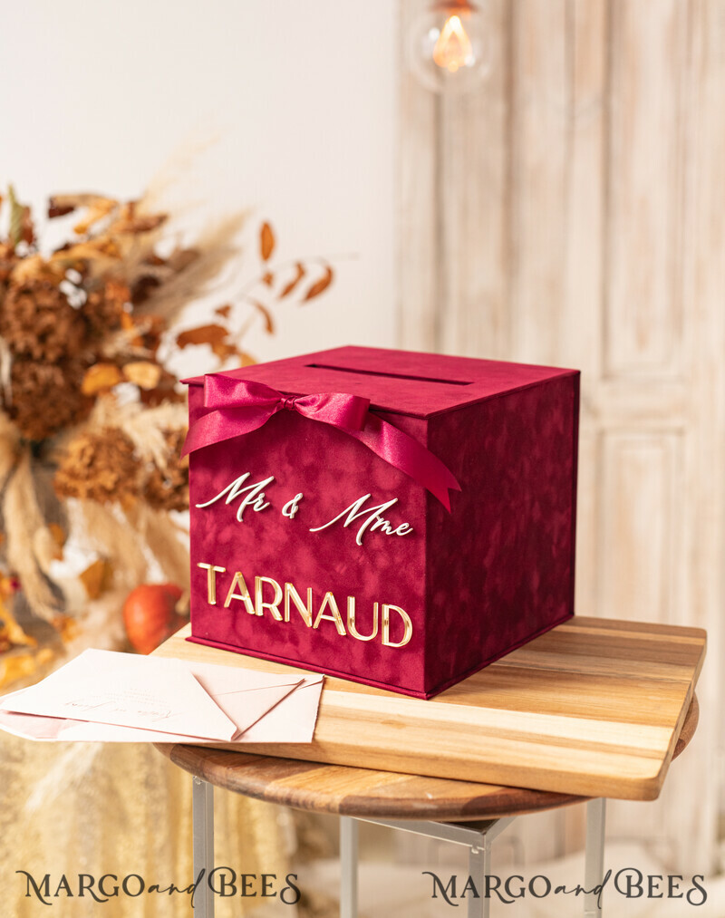 Burgundy Card Box & arch acrylic sign , Maroon Wedding Card Box with Lid,-14