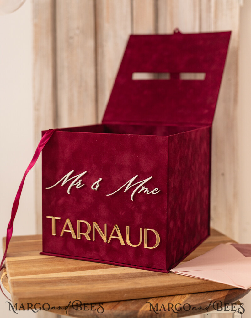 Burgundy Card Box & arch acrylic sign , Maroon Wedding Card Box with Lid,-17