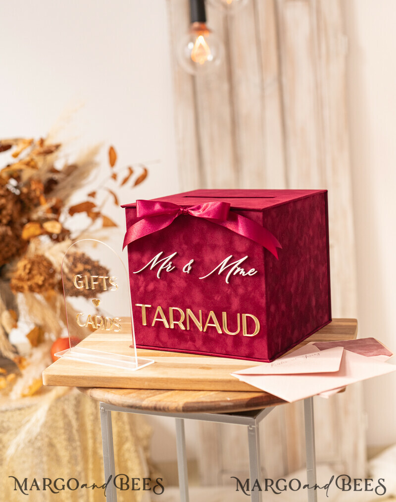 Burgundy Card Box & arch acrylic sign , Maroon Wedding Card Box with Lid,-1