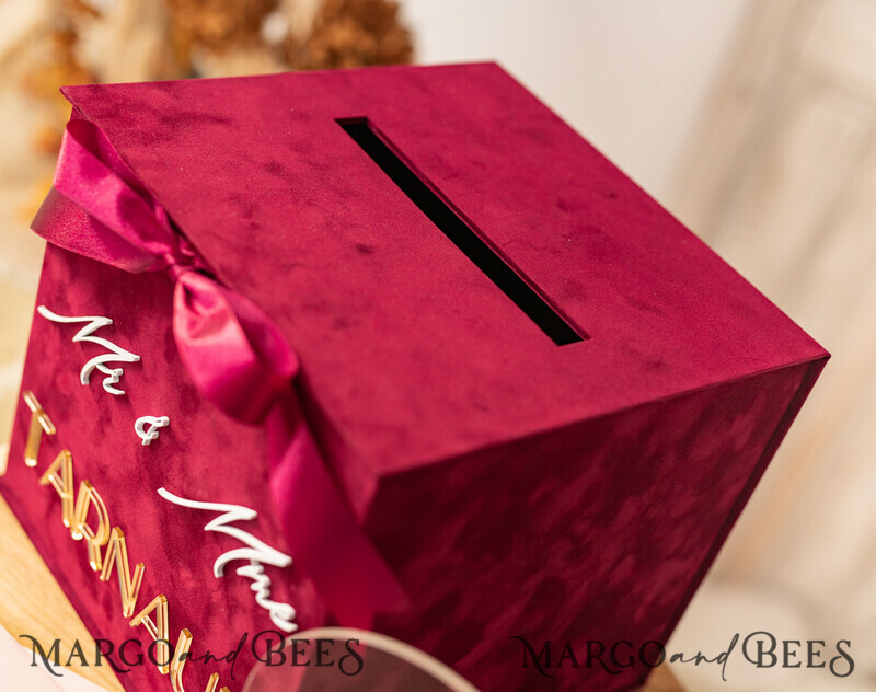 Burgundy Card Box & arch acrylic sign , Maroon Wedding Card Box with Lid,-9